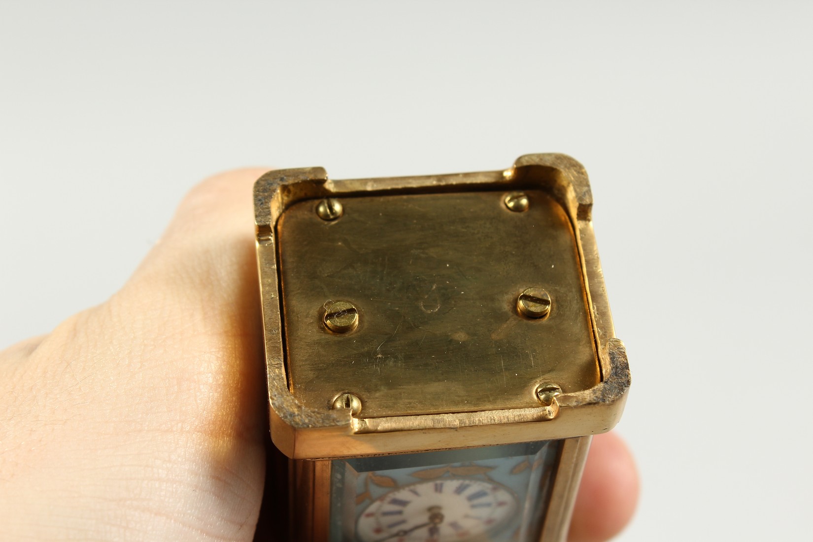 A MINIATURE SEVRES CARRIAGE CLOCK with flora porcelain panels. 2.25ins high. - Image 6 of 7