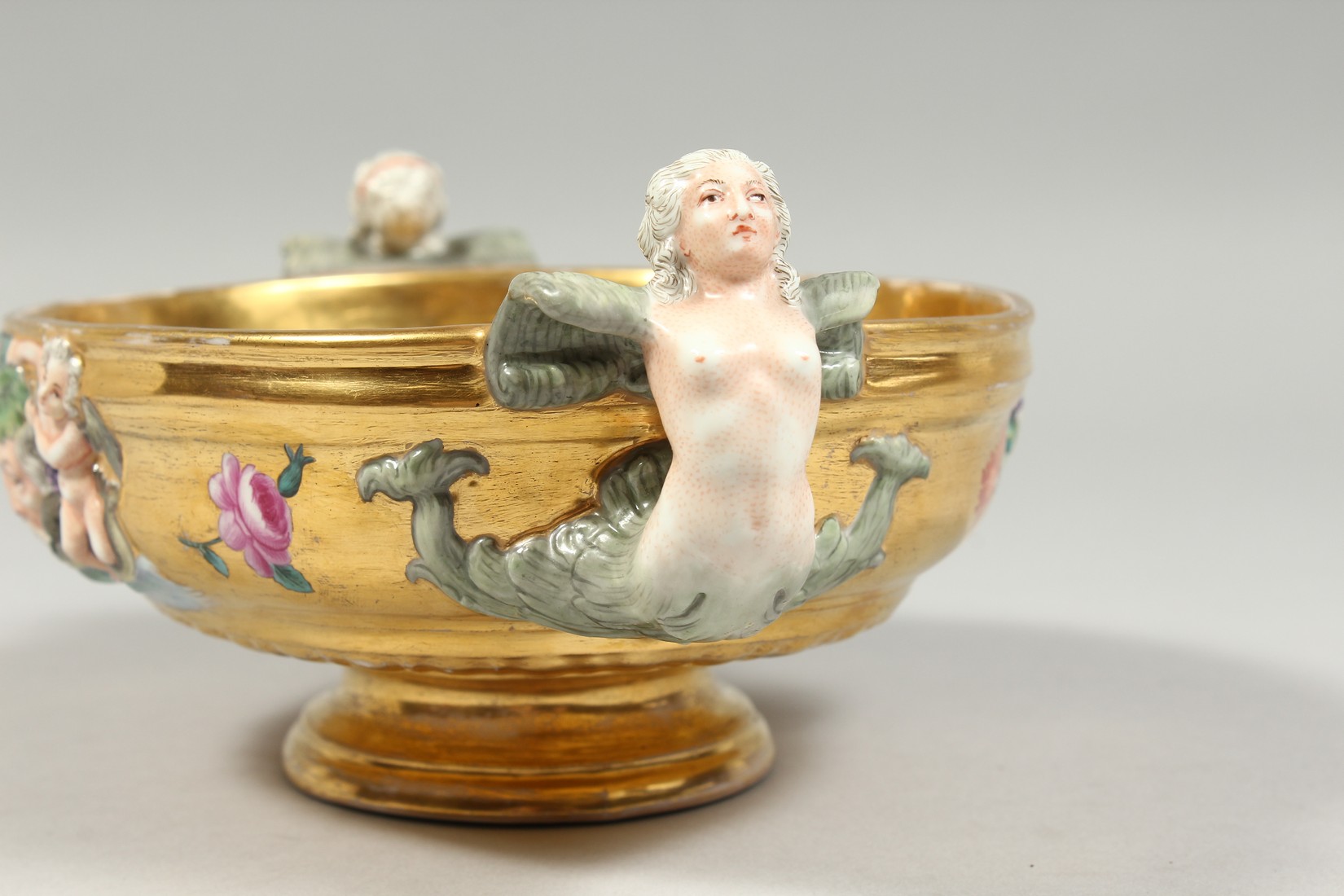 A GOOD BERLIN GILT GROUND OVAL BOWL with mermaid handles, masks and flowers. 8.5ins long - Image 6 of 8