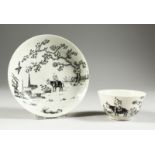 A WORCESTER TEABOWL AND SAUCER pencilled with the Boy on a Buffalo.