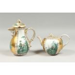 A GOOD 19TH CENTURY MEISSEN PORCELAIN BULLET SHAPED TEA POT AND COFFEE POT, both with lids, gilt