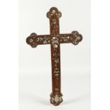 A 19TH CENTURY ROSEWOOD CROSS inlaid with mother of pearl. 18ins long.