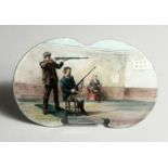 A RARE SHAPED ENAMEL SHOOTING TARGET PRACTICE PLAQUE Two men with gums and targets 6.5 x 3ins