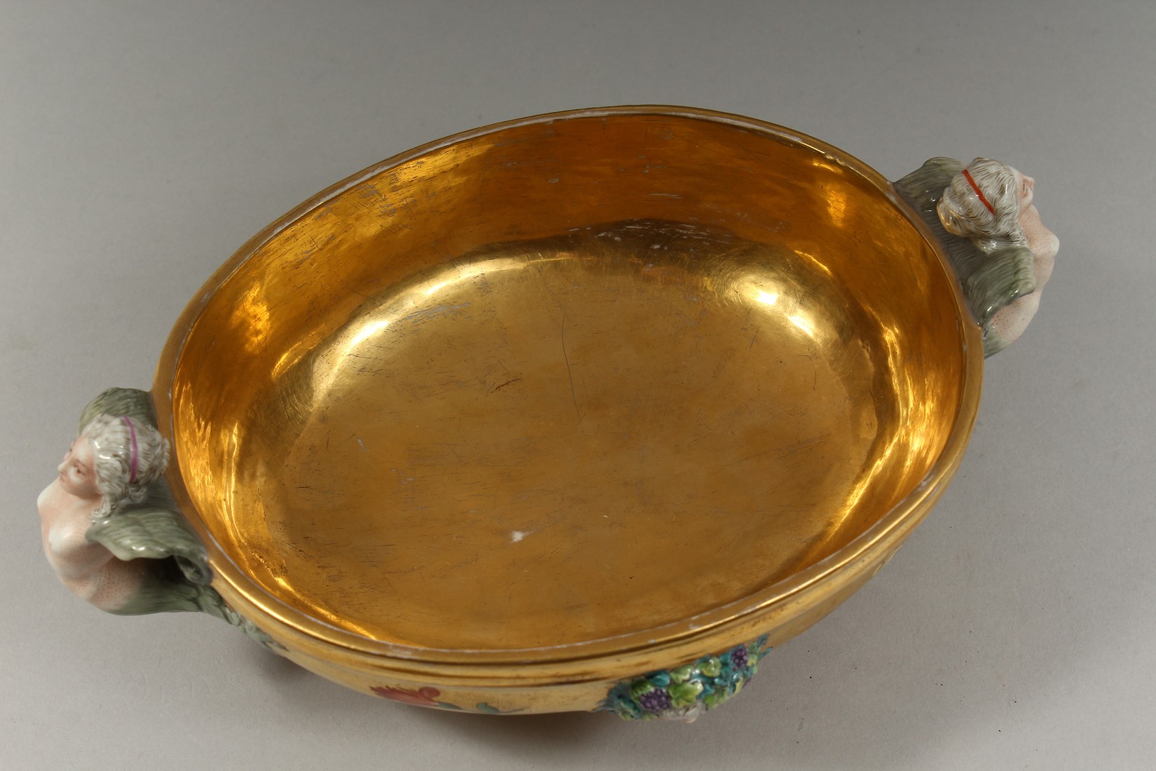 A GOOD BERLIN GILT GROUND OVAL BOWL with mermaid handles, masks and flowers. 8.5ins long - Image 7 of 8