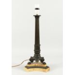 A SUPERB EMPIRE BRONZE AND MARBLE CANDLESTICK with fluted column claw feet and a triangular marble