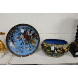 A Chinese enamel circular dish and an oval jardiniere.