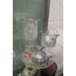 A good hobnail cut glass pedestal celery vase, together with a cut glass rinser and an ice dish.