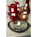 A Whitefriars oval smoker's bowl, an amber controlled bubble vase and a red vase.
