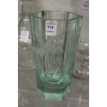 Moser, a good green tinted cut glass hexagonal shaped vase engraved with a stork in flight amongst