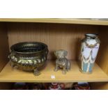 A brass jardiniere, a model of a bulldog and a French ormolu mounted vase (damaged).