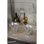 A good pair of cut glass vases, possibly Whitefriars together with a tall reeded glass vase.