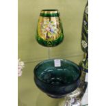 A painted green Murano glass goblet and a decorative glass bowl, possibly Caithness.