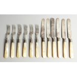 A SET OF SIX VICTORIAN SILVER AND MOTHER OF PEARL FRUIT KNIVES AND FORKS. London 1892. Knives 20cm