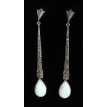 A PAIR OF SILVER AND MARCASITE OPAL DROP EARRINGS