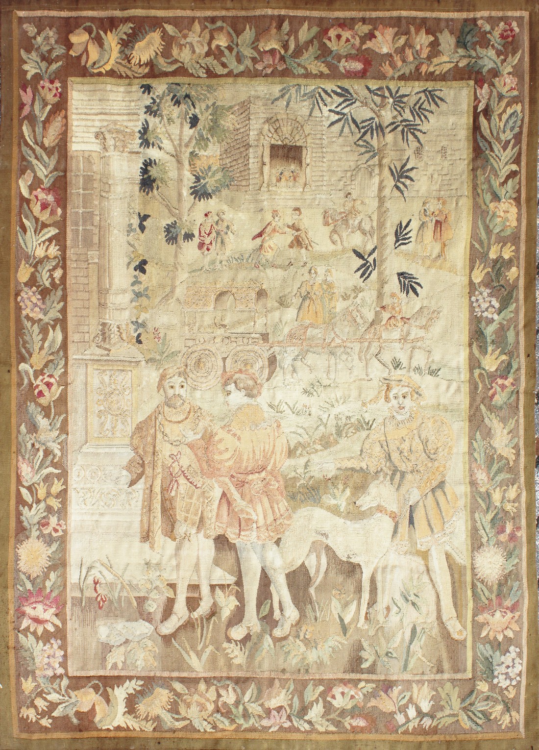 A GOOD 18TH CENTURY FRENCH TAPESTRY decorated with many figures within a floral border. 6ft high x