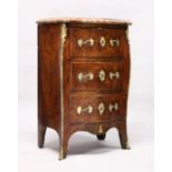 A LOUIS XV SERPENTINE-FRONTED KINGWOOD PETIT COMMODE with marble top, three drawers with brass