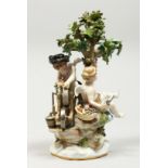 A GOOD MEISSEN PORCELAIN GROUP, CUPID BENEATH A TREE sharpening an arrow, and a cherub holding an