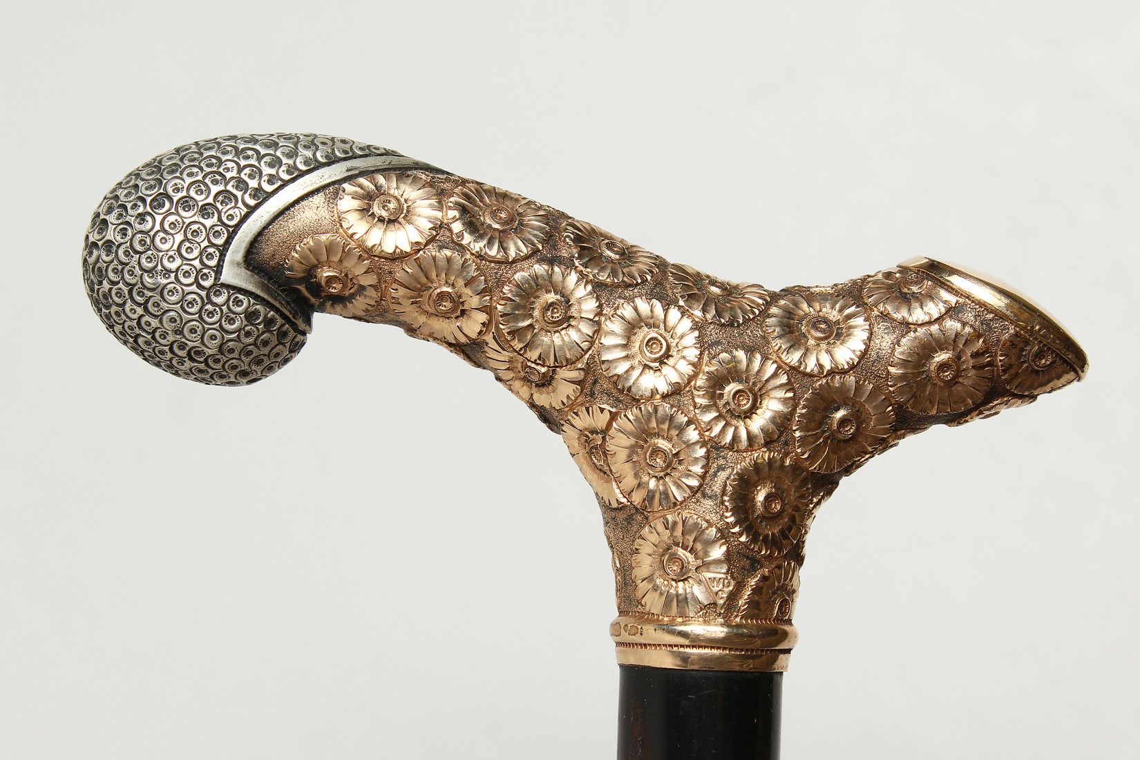 A GOOD EBONY WALKING CANE with silver and silver gilt handle. 36ins long. - Image 2 of 9