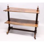 A GOOD VICTORIAN MAHOGANY TWO TIER DUMB WAITER with barley twist support on curving legs with