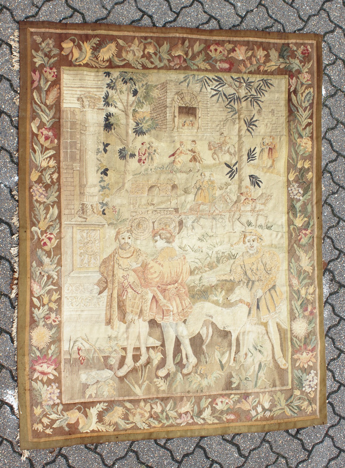A GOOD 18TH CENTURY FRENCH TAPESTRY decorated with many figures within a floral border. 6ft high x - Image 2 of 9