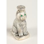 A WHITE METAL SEATED CAT PERFUME BOTTLE