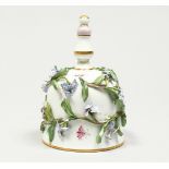 A GOOD MEISSEN PORCELAIN BELL, encrusted with flowers and painted with insects. Cross swords mark in