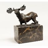 A BRONZE MOOSE 6ins long on a marble base.