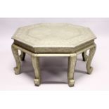 A 19TH CENTURY INDIAN SILVERED OCTAGONAL COFFEE TABLE on eight curving legs. 3ft diameter, 1ft