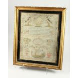 A GEORGE III FRAMED AND GLAZED SAMPLER by Roberta Allerton, 1787, with a poem, birds, flowers etc.