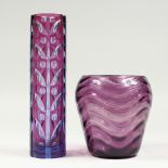 A TALL CUT GLASS MAUVE VASE 12 ins high and another 7ins high (2).