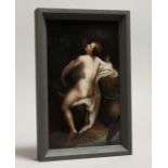 A CONTINENTAL PORCELAIN UPRIGHT PLAQUE of a seated female nude with a ghostly figure in the