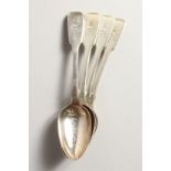 A SET OF FOUR WILLIAM IV SILVER FIDDLE PATTERN DESSERT SPOONS. Chester 1838, maker J.S. Weighs