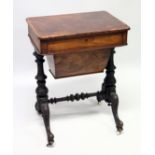 A GOOD VICTORIAN FIGURED WALNUT SEWING TABLE with single drawer, walnut sewing bag, carved and