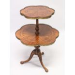 A GOOD SATINWOOD INLAID TWO TIER STAND with brass galley centre pillar on tripod legs. 2ft 8ins