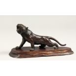 A SMALL JAPANESE BRONZE TIGER on a wooden base 5ins long