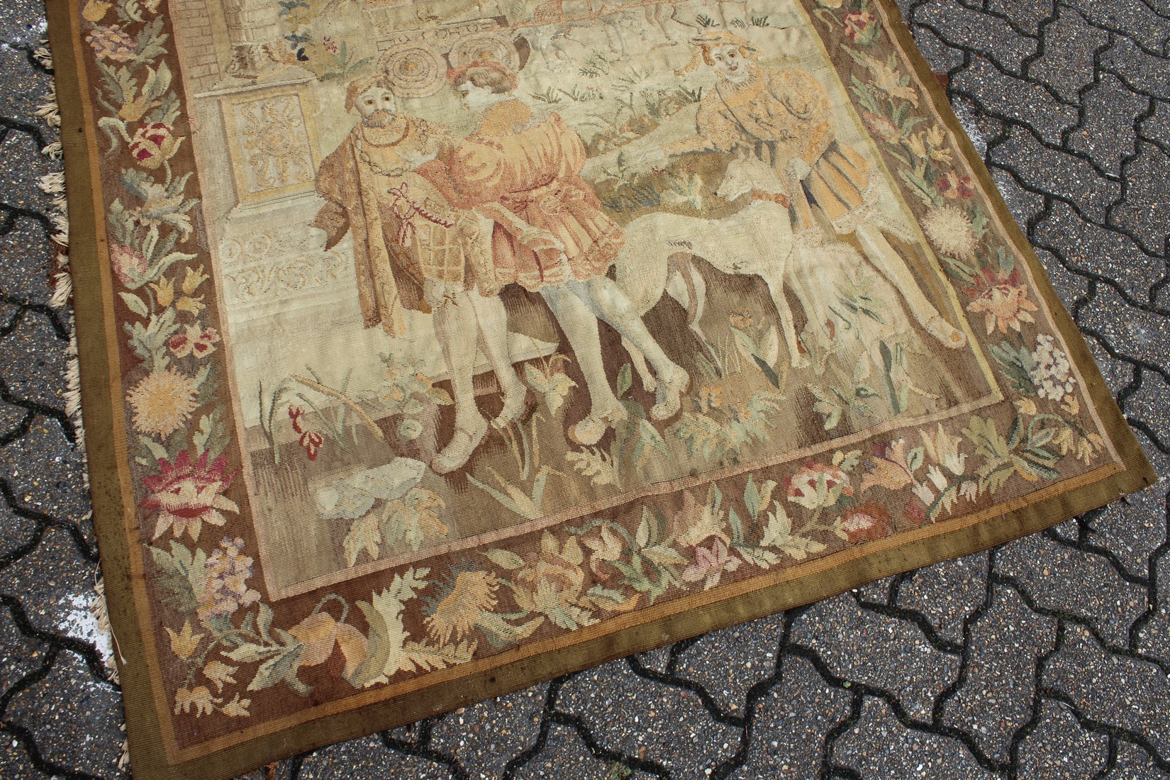 A GOOD 18TH CENTURY FRENCH TAPESTRY decorated with many figures within a floral border. 6ft high x - Image 5 of 9