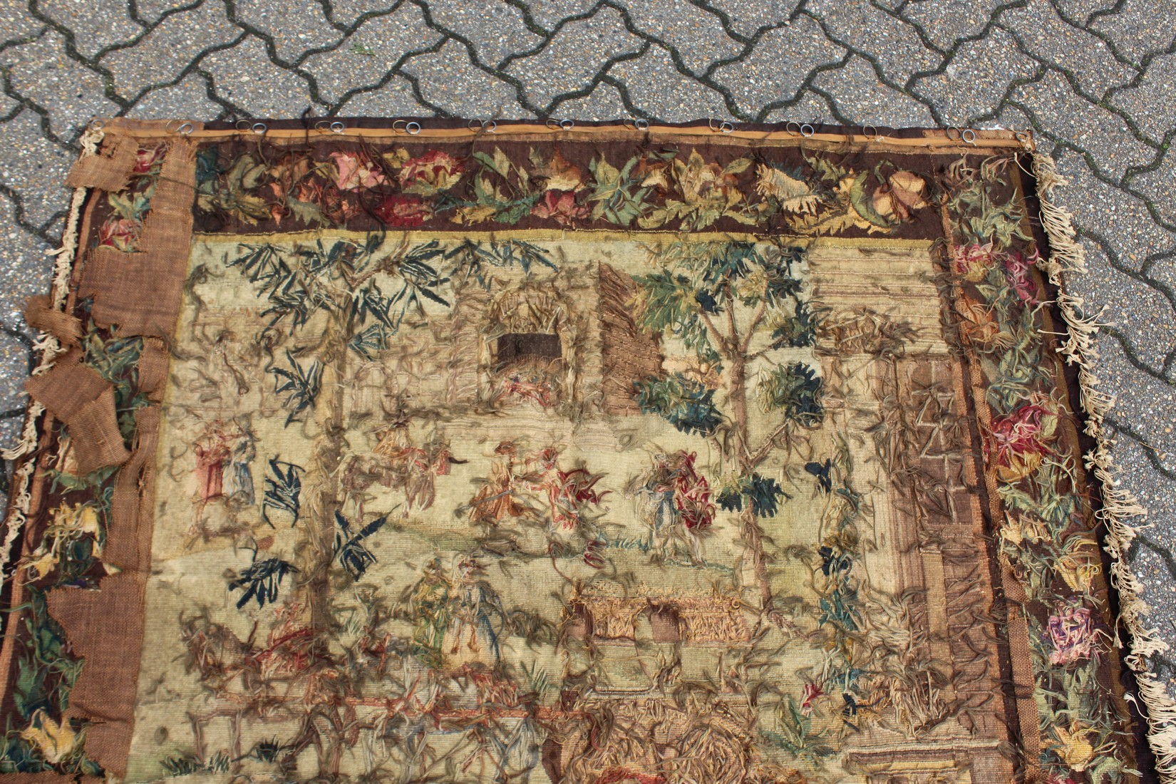 A GOOD 18TH CENTURY FRENCH TAPESTRY decorated with many figures within a floral border. 6ft high x - Image 7 of 9
