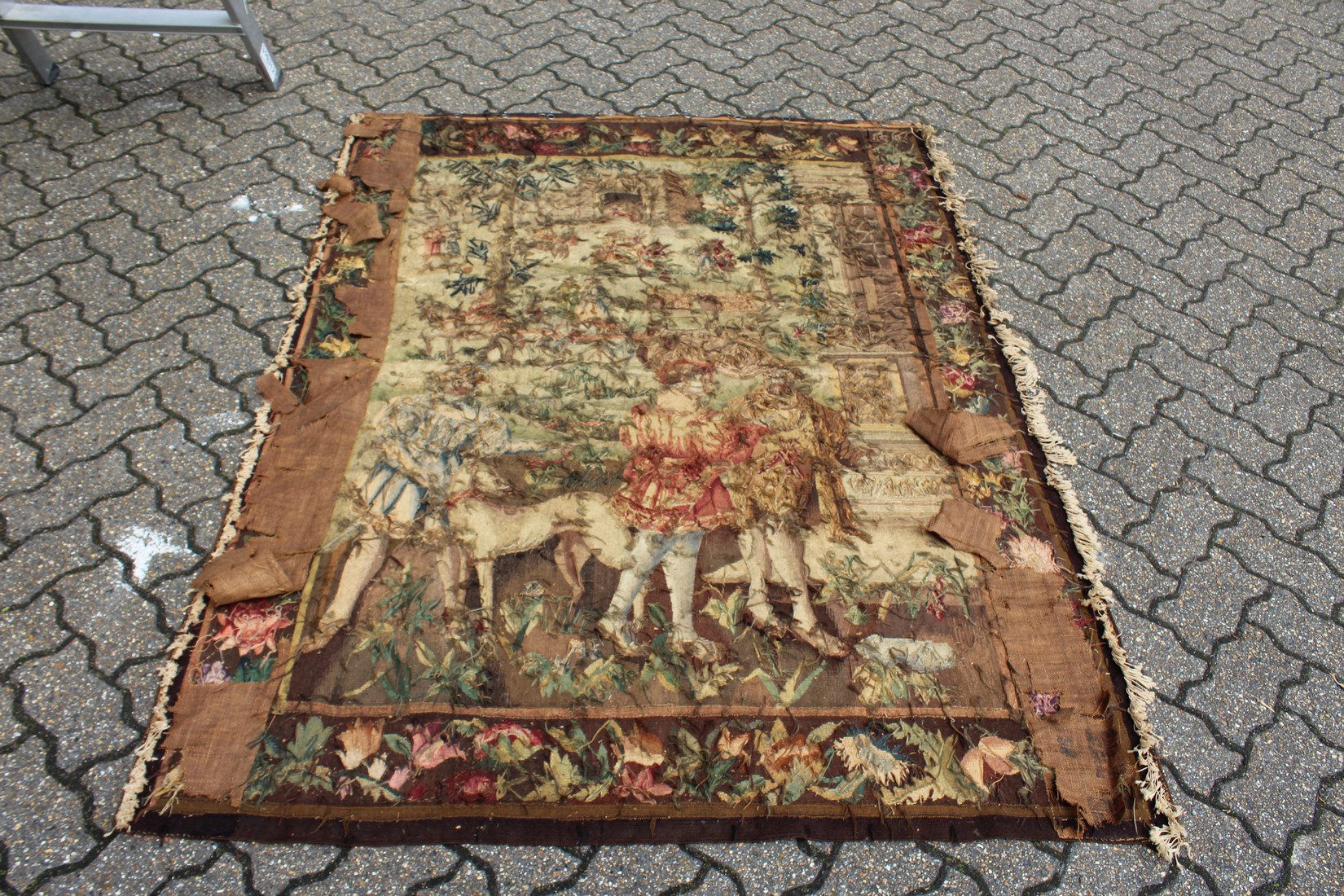 A GOOD 18TH CENTURY FRENCH TAPESTRY decorated with many figures within a floral border. 6ft high x - Image 6 of 9