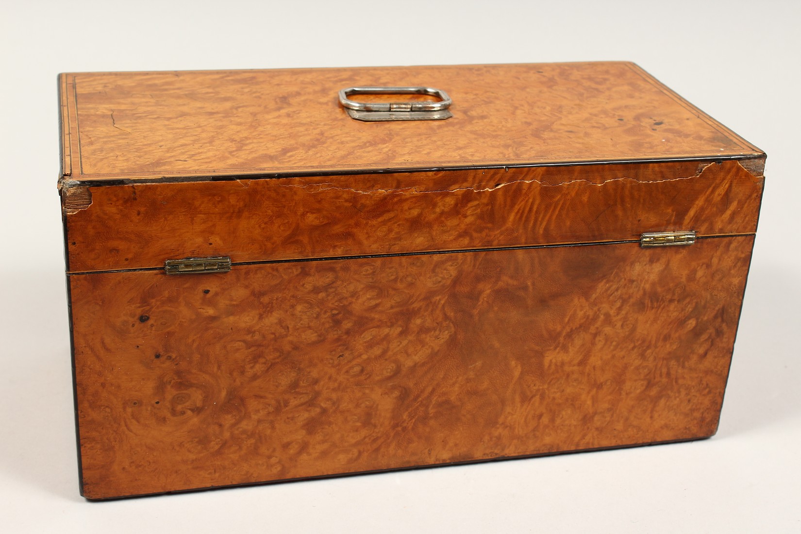 A LARGE GEORGE III POLLARD SATINWOOD TWO DIVISION TEA CADDY, banded top, silver plate handle. - Image 5 of 9