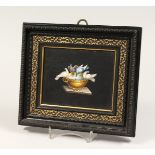 A SUPERB ITALIAN MICRO MOSAIC PLAQUE doves etc. drinking from a bowl 4.5ins x 5.75ins framed.