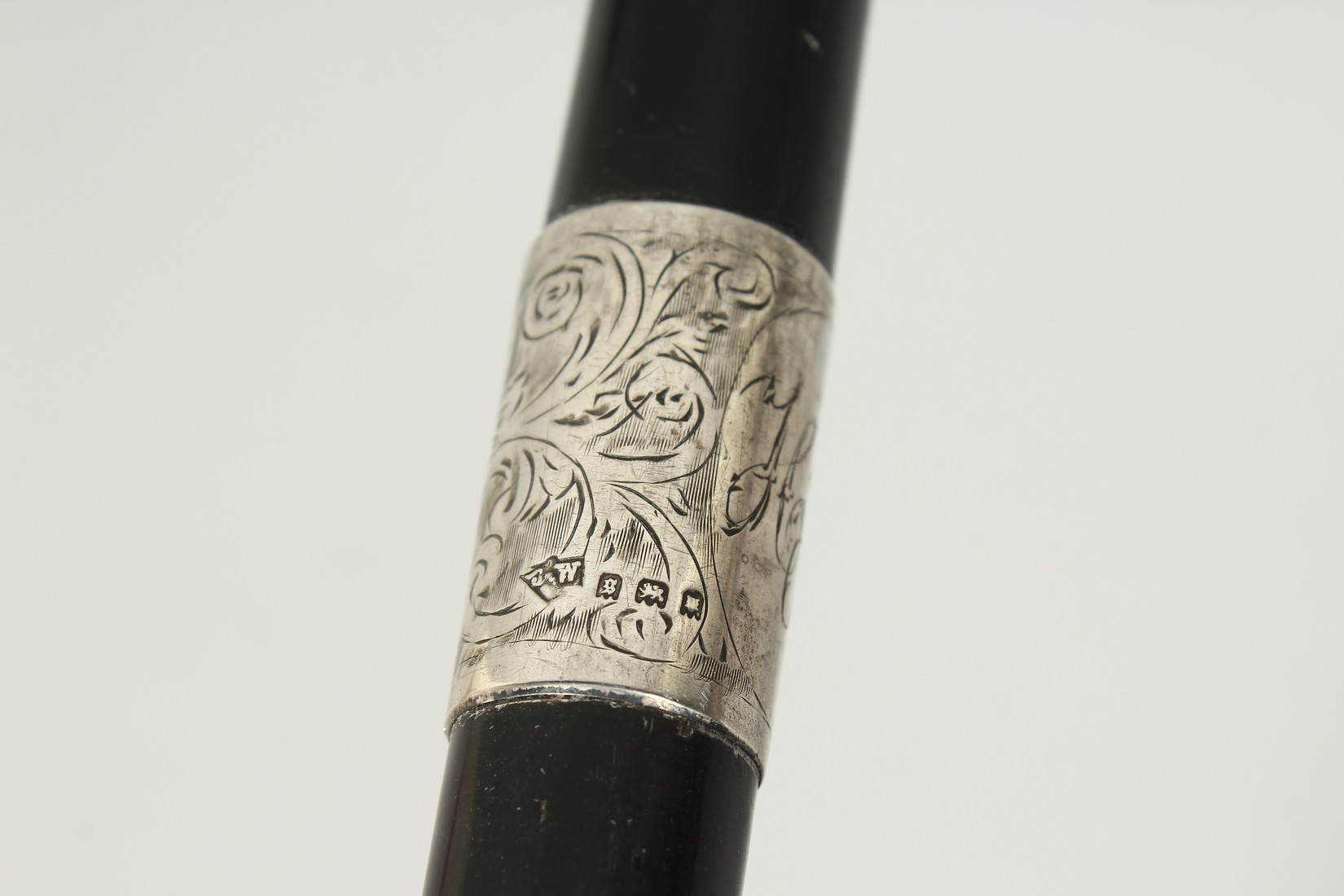 AN EBONY SILVER MOUNTED WALKING STICK, LONDON 1933. 36ins long. - Image 8 of 10