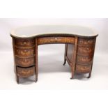 A 19TH CENTURY DUTCH MARQUETRY KIDNEY SHAPED DESK, with leather top, central drawer, four small