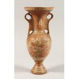 A GRAND TOUR GREEK TWO HANDLED TERRA COTTA VASE 13ins high.