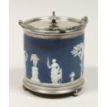 A WEDGWOOD BLUE AND WHITE JASPER WARE BISCUIT BARREL