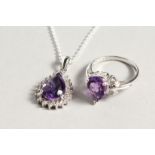 A SILVER AMETHYST AND DIAMOND PENDANT AND RING