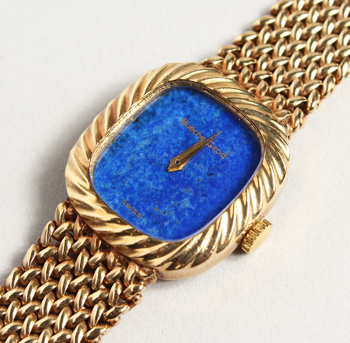 A 9CT GOLD BEUCHE-GIROD LAPIS FACE WRISTWATCH.