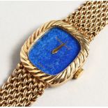 A 9CT GOLD BEUCHE-GIROD LAPIS FACE WRISTWATCH.