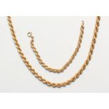 A 9CT GOLD ROPE CHAIN BRACELET and NECKLACE Matching hallmarks, maker JN 80cm and 19cm long 53gms