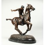 A LARGE, IMPOSING BRONZE OF A POLO PLAYER ON A HORSE, Signed, 'Joe', on a marble base. Bronze