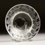 A LALIQUE DISH WITH BIRDS. 3.5ins diamater