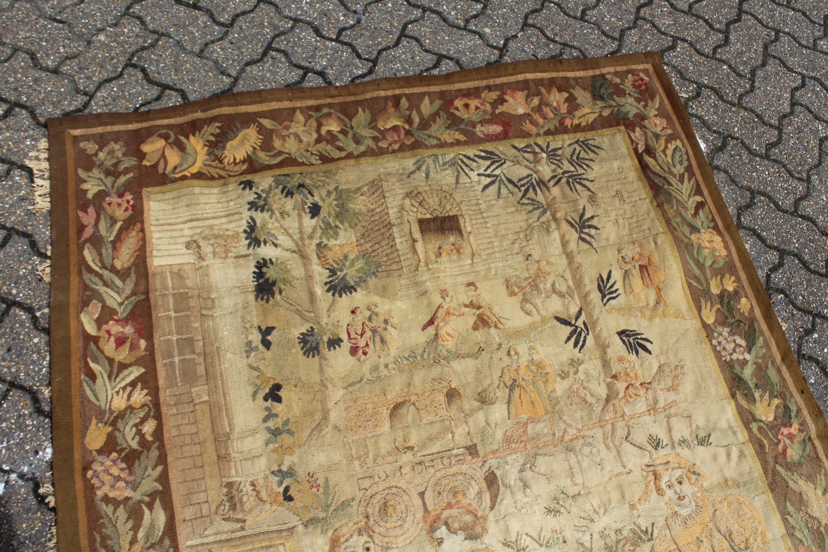 A GOOD 18TH CENTURY FRENCH TAPESTRY decorated with many figures within a floral border. 6ft high x - Image 3 of 9